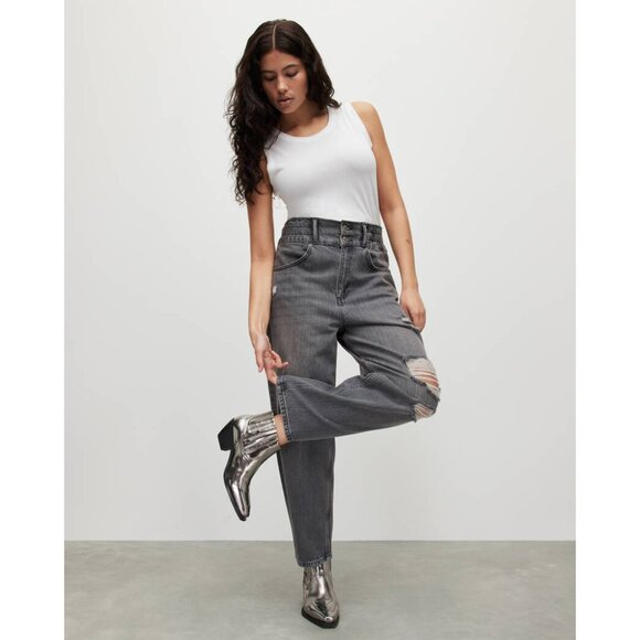 Allsaints Hailey High-Rise Destroy Tapered Jeans Destroyed Ripped Distressed - Picture 1 of 15